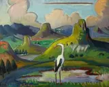 Maggie Laubser, Landscape with White Stork, oil on board