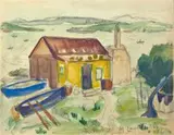 Maggie Laubser, Fisherman's Cottage with Boats