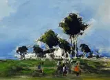 Nita Spilhaus, Figures in a Landscape, oil on canvasboard
