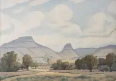 Johannes Smith, A Farmhouse against a Mountain Backdrop, oil on canvasboard