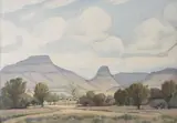 Johannes Smith, A Farmhouse against a Mountain Backdrop, oil on canvasboard