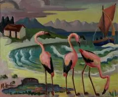 Maggie Laubser, Flamingos on the Beach, oil on board