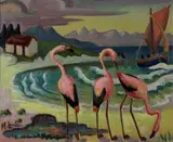 Maggie Laubser, Flamingos on the Beach, oil on board