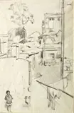 Harry Stratford Caldecott, Trams and Flags; Cars and Flags; Helliger Lane, Malay Quarter, three, charcoal
