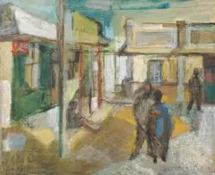 May Hillhouse, The Corner Café, oil pastel and gouache on board