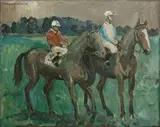 Alexander Podlashuc, Two Mounted Jockeys, oil on board