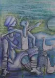 Conversations, Mother and Child by Martin Qgibinsizi Tose, mixed media on paper, offered Sep 2009