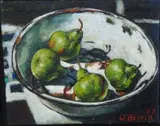 Willie Bester, A Still Life with Pears in a White Bowl, oil on canvasboard, framed in the artist's painted steel frame