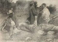 Frans Oerder, Four Men resting in a Landscape, pencil