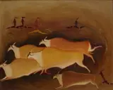 Simon Moroke Lekgetho, A Bushmen Hunt - Rock Depiction, oil on canvasboard