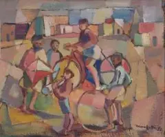 Dirk Meerkotter, Children with a Kite and Bicycle, oil on board