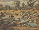 Cattle Drinking at a River by Erich Mayer, oil on canvas, sold Sep 2009