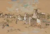 Gregoire Boonzaier, Figures fetching Water outside Cottages, pen and ink, charcoal and wash