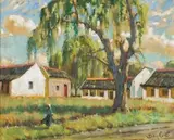 Sydney Carter, A Woman Walking on a Farm Road, oil on canvas