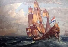 Nils Andersen, "Van Riebeeck's Dromedaris" approaching the Cape, oil on board
