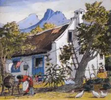 Leng Dixon, Women and Children by a Cape Cottage, pen and ink and gouache