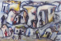 Eli Kobeli, A Township Scene with Figures and Children, watercolour with heightening