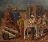 Michael Maimane, A Donkey Cart with Figures Outside a House, mixed media on board