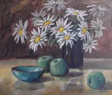 David Botha, A Still Life of Daisies, Apples and a Turquoise Bowl, oil on canvas