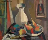 Maurice van Essche, A Still Life with a White Vase, Pears and Apples on a Table