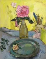 Irma Stern, A Still Life with Roses and the Artist's Brushes in a Pot, oil on canvas