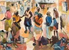 Welcome Koboka, Women in a Township, oil on board