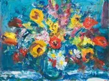 Gerhard Batha, Spring Flowers in a Glass Bowl, mixed media on canvas