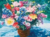 Gerhard Batha, Spring Flowers in a Brown Vase, acrylic on canvas