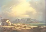 Gabriel de Jongh, Table Mountain with Sea and Cottages