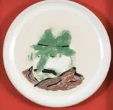Robert Hodgins, A Man Wearing a Green Hat, hand-painted ceramic plate, framed
