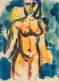 Alexis Preller, Kneeling Nude Woman, brush and ink and watercolour over pencil