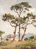Three Trees with a Red Roofed House on a Windy Day, Newlands, Cape by Gregoire Boonzaier, oil on board, sold May 2010