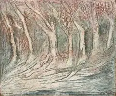 Georgina Ormiston, Wooded Landscape, oil on composition laid down on board