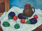 François Krige, Still Life with Brown Jug, Aubergines, Tomatoes and Peppers on a White Cloth