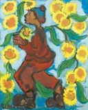 Frans Claerhout, A Man carrying Sunflowers, acrylic on asbestos