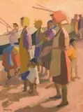 Marjorie Wallace, Fisherwomen and Children waiting for the Boats, oil on board