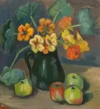 Maggie Laubser, A Still Life of a Jug with Nasturtiums and Apples on a Table