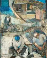 Sidney Goldblatt, Mending the Nets, mixed media on board