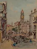Gregoire Boonzaier, Canal with Two Boats and Two Bridges, Venice