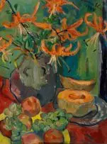 Irma Stern, Still Life with Tiger Lilies, Fruit and a Melon, oil on canvas