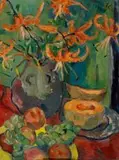 Still Life with Tiger Lilies, Fruit and a Melon by Irma Stern, oil on canvas, sold Oct 2009