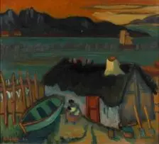 Maggie Laubser, Seascape with Boats, House and Seated Woman Holding a Baby, oil on board