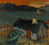 Maggie Laubser, Seascape with Boats, House and Seated Woman Holding a Baby