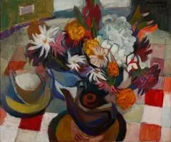 May Hillhouse, Still Life with a Teapot and Flowers on a Checked Tablecloth, oil on canvas