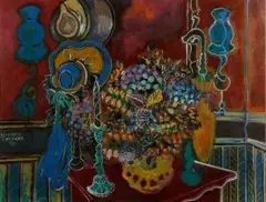 Stanley Hermans, Still Life with Flowers and a Candlestick on a Table, acrylic