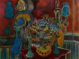Stanley Hermans, Still Life with Flowers and a Candlestick on a Table, acrylic