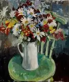 Freida Lock, Summer Flowers in a Jug on a Green Chair