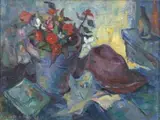 Alexander Rose-Innes, A Still Life of a Plant in a Pot, a Hat, a Book and a Bottle