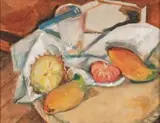 Wolf Kibel, A Still Life with Glass, Knife, Tomato, Mango and Pineapple, with White Cloth on Ochre Base