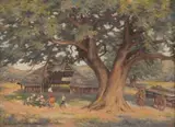 Erich Mayer, Children Playing under a Tree near a Wagon, oil on board